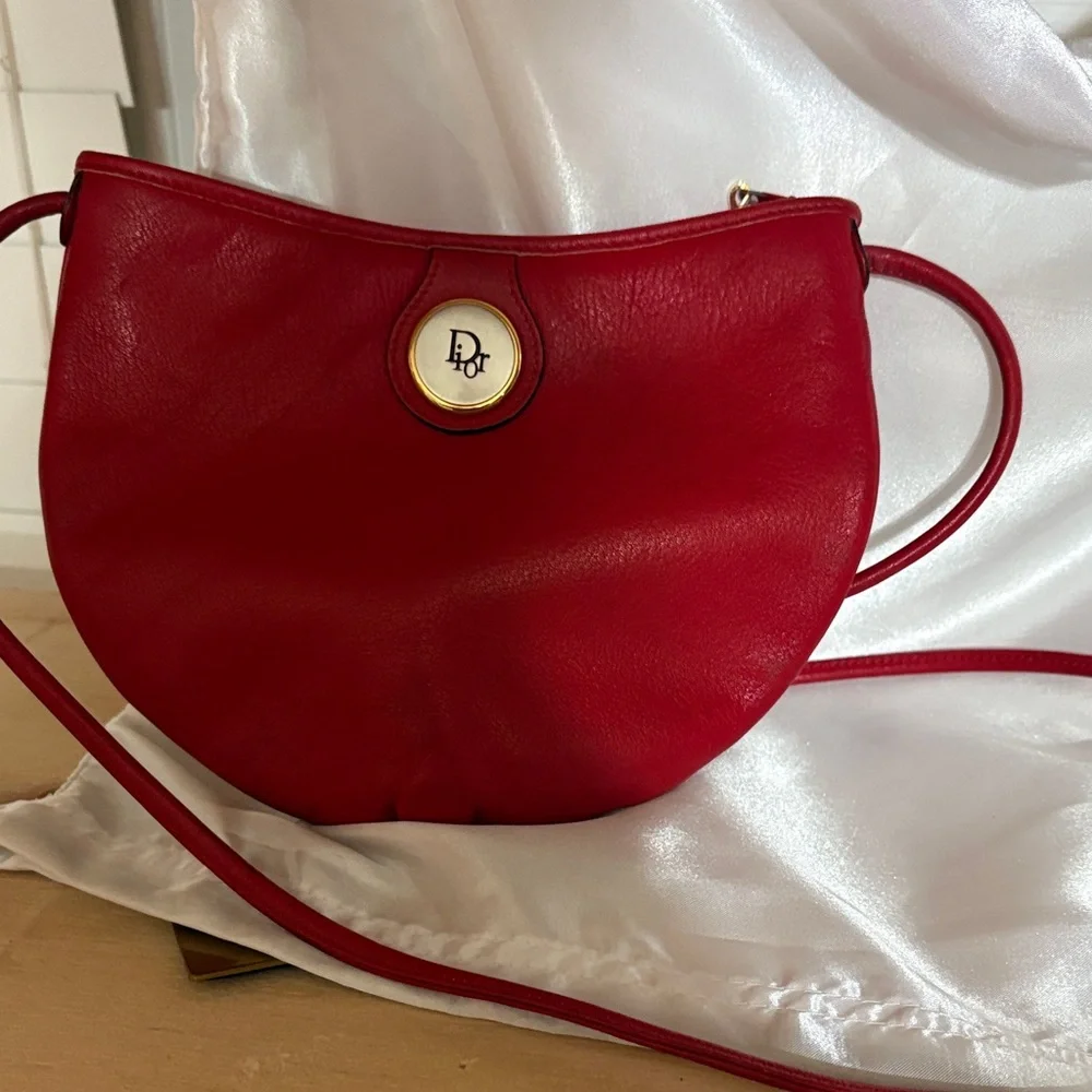 Vintage Dior Red Leather Crescent Crossbody with Gold Logo Medallion - Picture 1 of 14